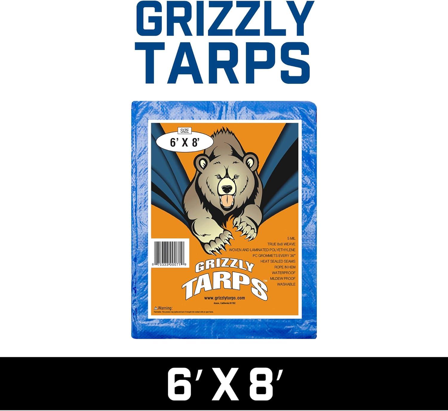 image:imageGrizzly Tarps by BAir 20 x 30 Large MultiPurpose Waterproof Heavy Duty Poly Tarp with Grommets Every 36 8x8 Weave 5 Mil Thick for Home Boats Cars Camping Protective Cover Blue6X8