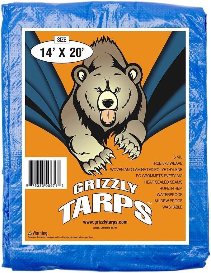 image:imageGrizzly Tarps by BAir 20 x 30 Large MultiPurpose Waterproof Heavy Duty Poly Tarp with Grommets Every 36 8x8 Weave 5 Mil Thick for Home Boats Cars Camping Protective Cover Blue14X20