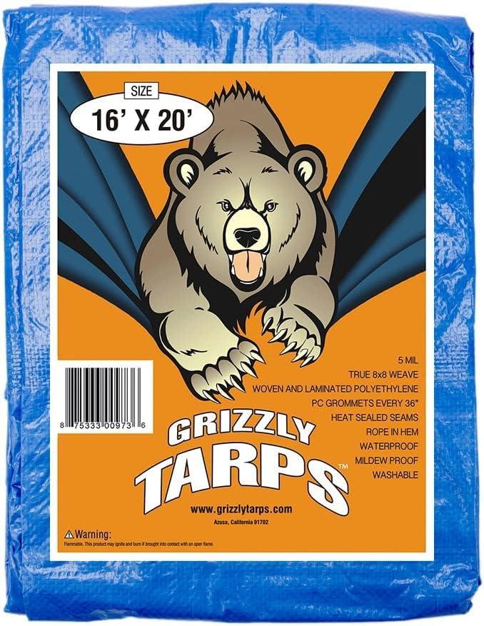 image:imageGrizzly Tarps by BAir 20 x 30 Large MultiPurpose Waterproof Heavy Duty Poly Tarp with Grommets Every 36 8x8 Weave 5 Mil Thick for Home Boats Cars Camping Protective Cover Blue16X20