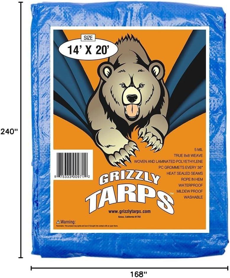 image:imageGrizzly Tarps by BAir 20 x 30 Large MultiPurpose Waterproof Heavy Duty Poly Tarp with Grommets Every 36 8x8 Weave 5 Mil Thick for Home Boats Cars Camping Protective Cover Blue14X20