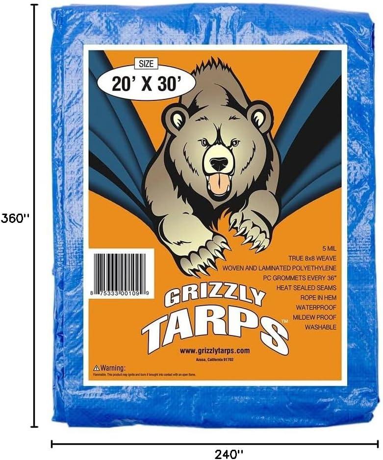 image:imageGrizzly Tarps by BAir 20 x 30 Large MultiPurpose Waterproof Heavy Duty Poly Tarp with Grommets Every 36 8x8 Weave 5 Mil Thick for Home Boats Cars Camping Protective Cover Blue20X30